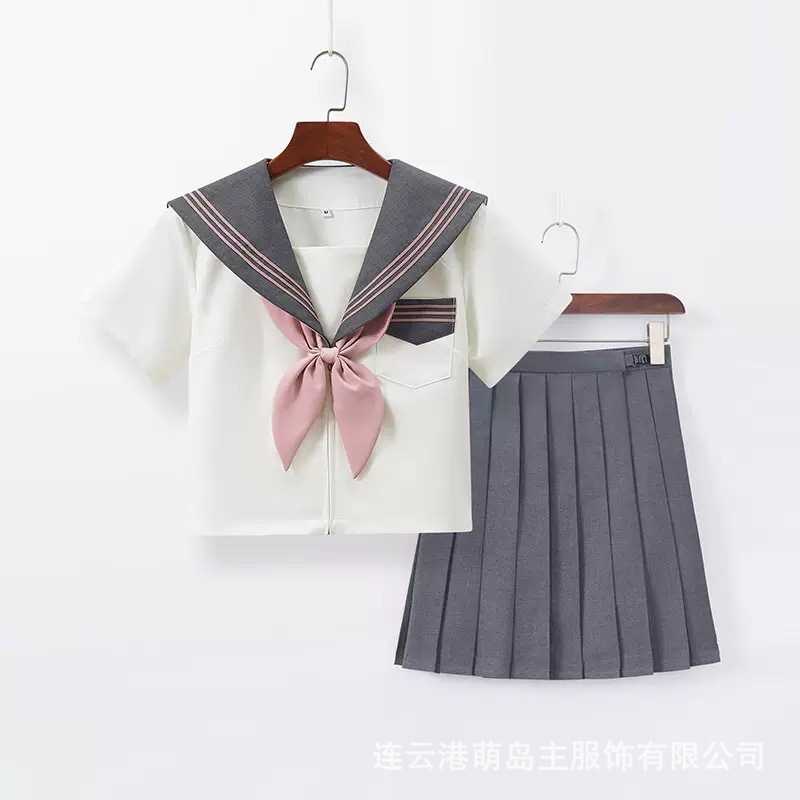 Japanese-style basic gray-pink three-piece JK uniform school top sailor suit pleated long and short sleeve student basic set