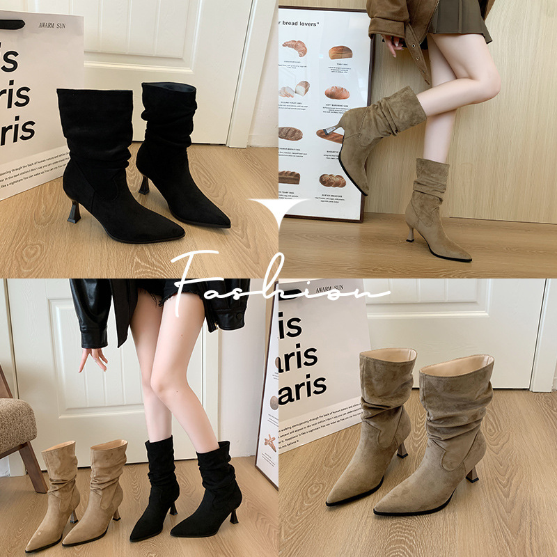 Cizme din piele întoarsă cu toc și vârf ascuțit pentru gambe_voghion.com