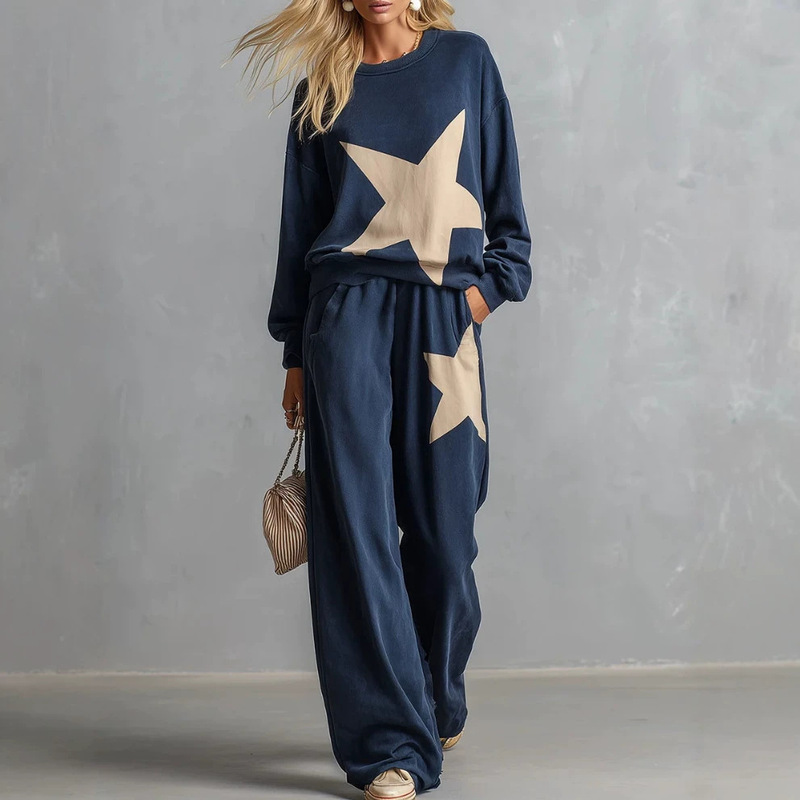2026 European and American style printed casual suit for women, loose long-sleeve sweatshirt and wide-leg pants two-piece set, autumn and winter fashion outfit 2026 European and American style printed casual suit for women, loose long-sleeve sweatshirt and wide-leg pants two-piece set, autumn and winter fashion outfit