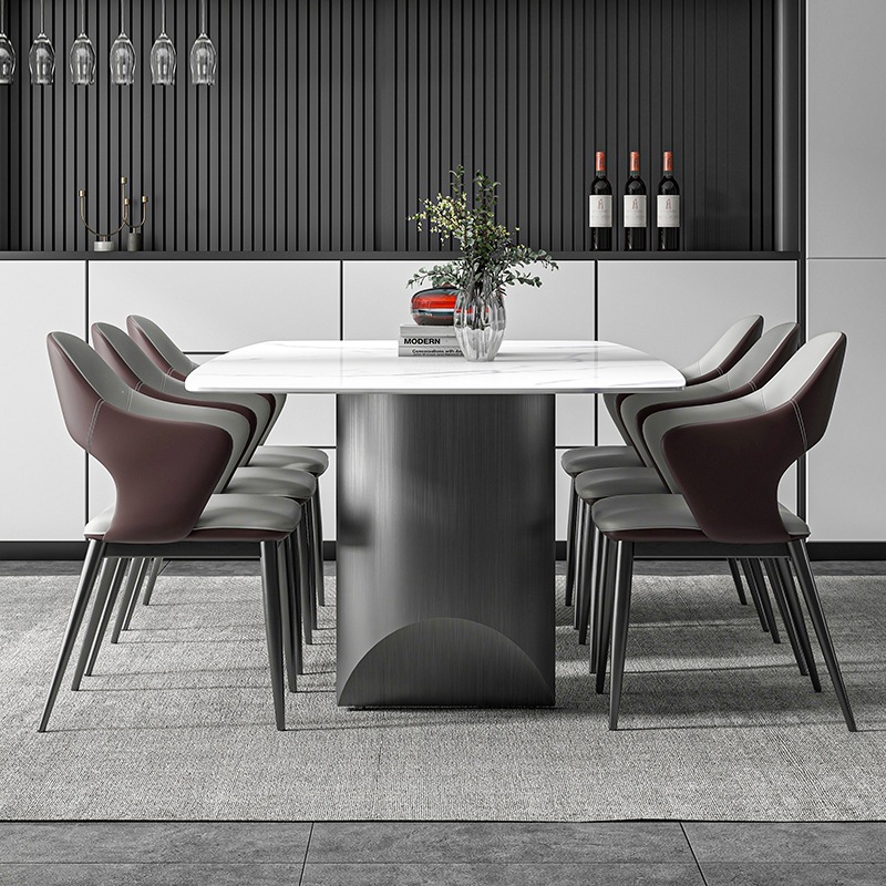 Mesa de comedor ligera de lujo italiano de tabla de roca moderna simple mesa de comedor casera pie de acero inoxidable mesa de comedor de piedra de lujo rectangular