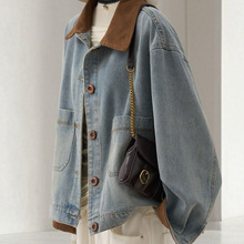 撞色翻领牛仔短外套女秋季新款韩里韩气灯芯绒拼接休闲上衣或行