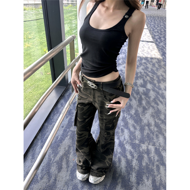 Y2K Millennium Style Camouflage Flared Pants with Low Waist, Large Pocket Design, Washed and Distressed, Slimming Micro-Flare Jeans Y2K Millennium Style Camouflage Flared Pants with Low Waist, Large Pocket Design, Washed and Distressed, Slimming Micro-Flare Jeans