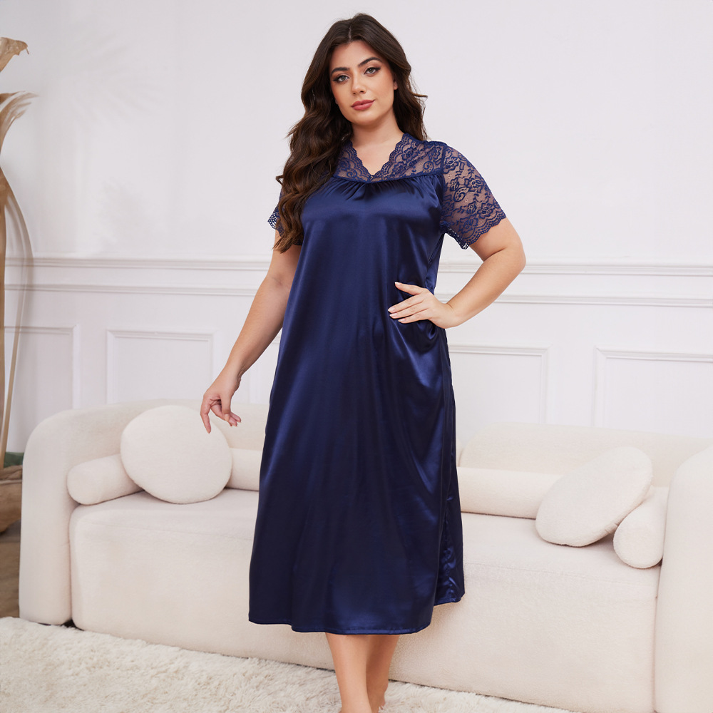 Pijamas de seda de hielo transfronterizos de tamaño grande damas primavera y verano de mangas cortas pijamas largos sueltos y cómodos ropa para el hogar SQ22094