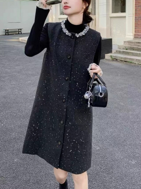 小香风镶钻背心裙女长袖打底衫两件套装2025秋季新款单排扣连衣裙|undefined