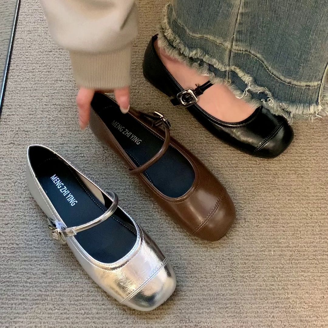 Mary Jane Shoes Shallow Mouth Buckle Shoes Women's 2024 Summer New Korean Style Square Toe Flat Soft Bottom Comfortable Shoes