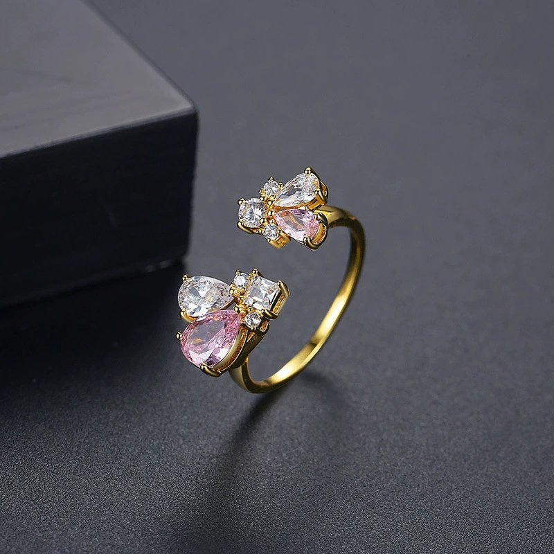 Copper Adjustable Ring, Zirconia Flower Accent, One Size Open Band, 750 Gold Color