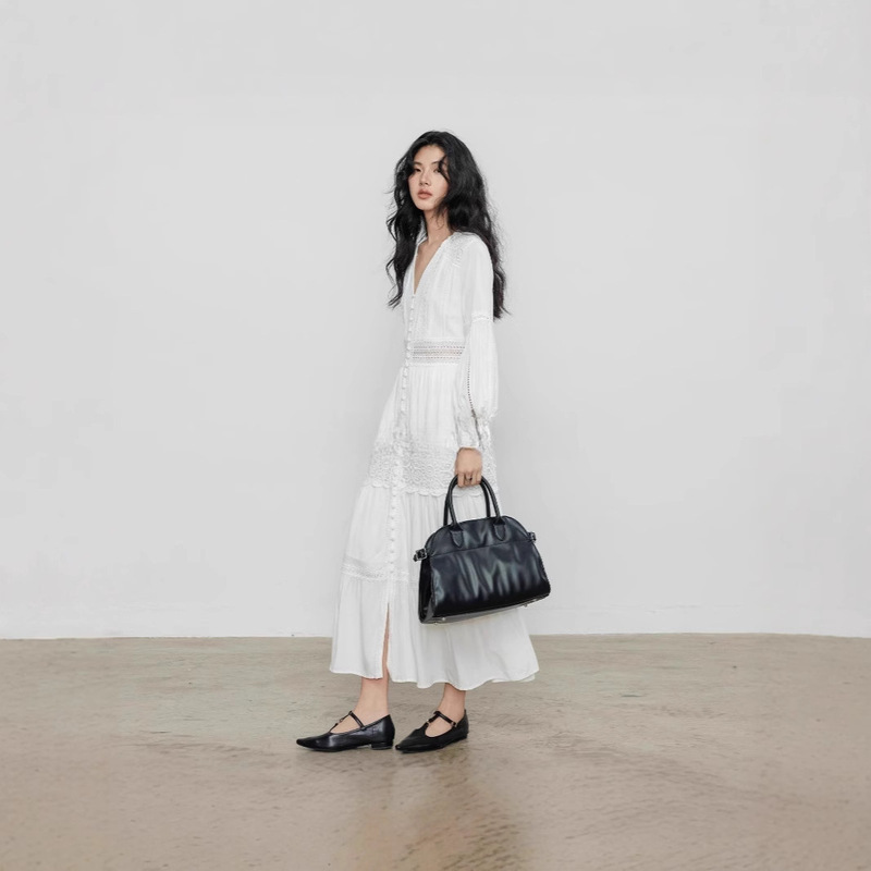 French-Style Hollow Lace White V-Neck Dress for Women, Summer 2026, Waist-Cinching Puff Sleeves, Fairy Dress, Original by Nanyou