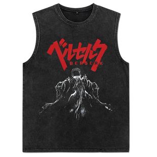 Men's Vest Summer Sword Style Legendary Anime Print Tide Brand Cotton Vest Men's Washed Vintage Sleeveless T-shirt Ins