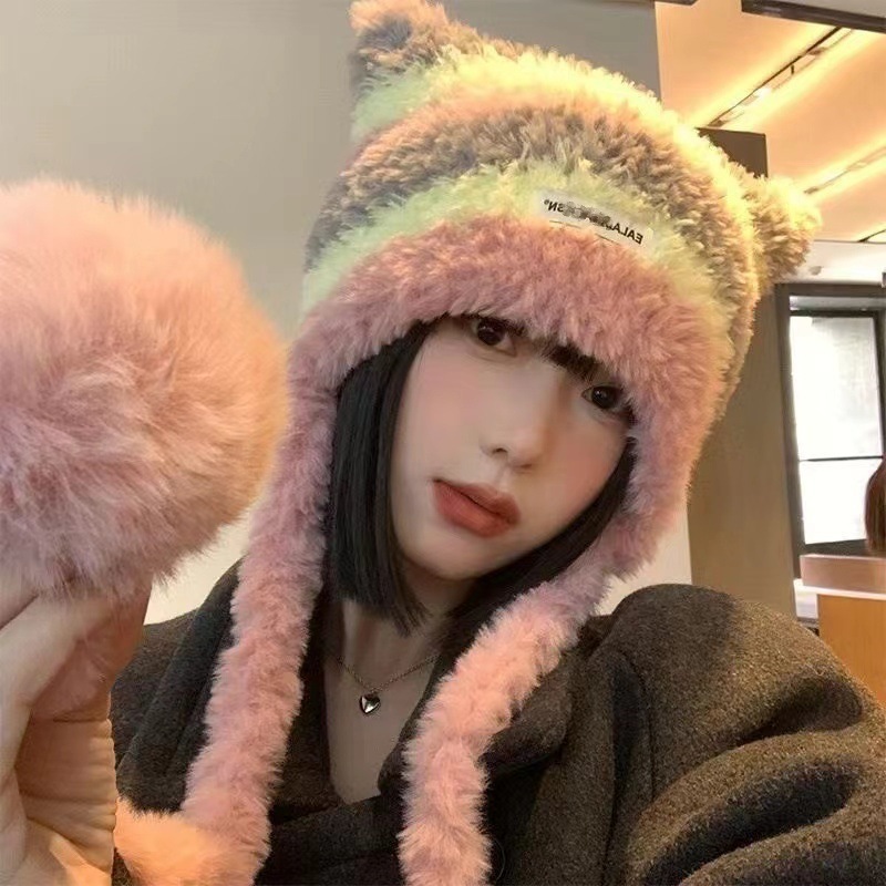 帽子女猫耳朵条纹毛线帽冬季帽子双毛球保暖帽皮标毛绒护耳针织帽|undefined