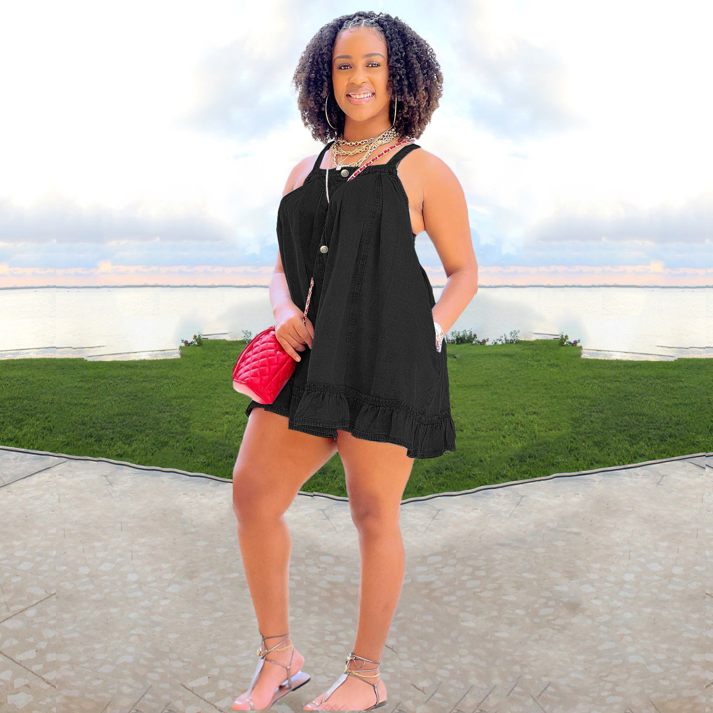 women's clothing Solid color suspenders button pocket loose washed denim dress_mkmklike.com