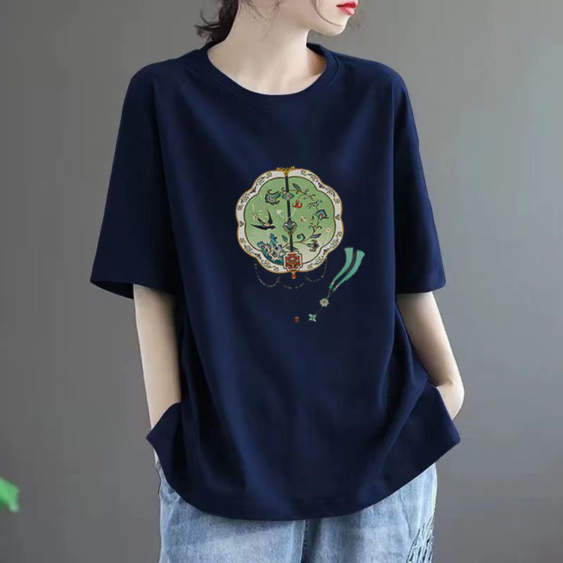 Plus Size Women's Clothing Fat Mm2024 New Chinoiserie Summer Short-Sleeved T-Shirt 150kg Loose Slimming Look Cotton Top Maternity Wear