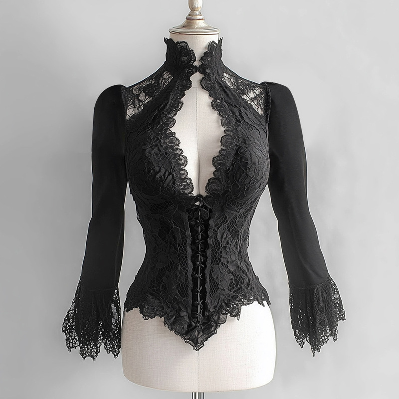 European and American Cross-Border Y2K Elegant Black Lace Round Neck Shirt Fashionable Stylish Royal Sister Style Slimming Look Top European and American Cross-Border Y2K Elegant Black Lace Round Neck Shirt Fashionable Stylish Royal Sister Style Slimming Look Top