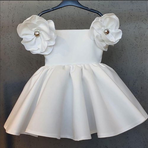 Solid-color Children's Wear Dress with Off-Shoulder Design, Vintage Floral Style—Inspired by Instagram, Perfect for Girls' Party or Ceremony