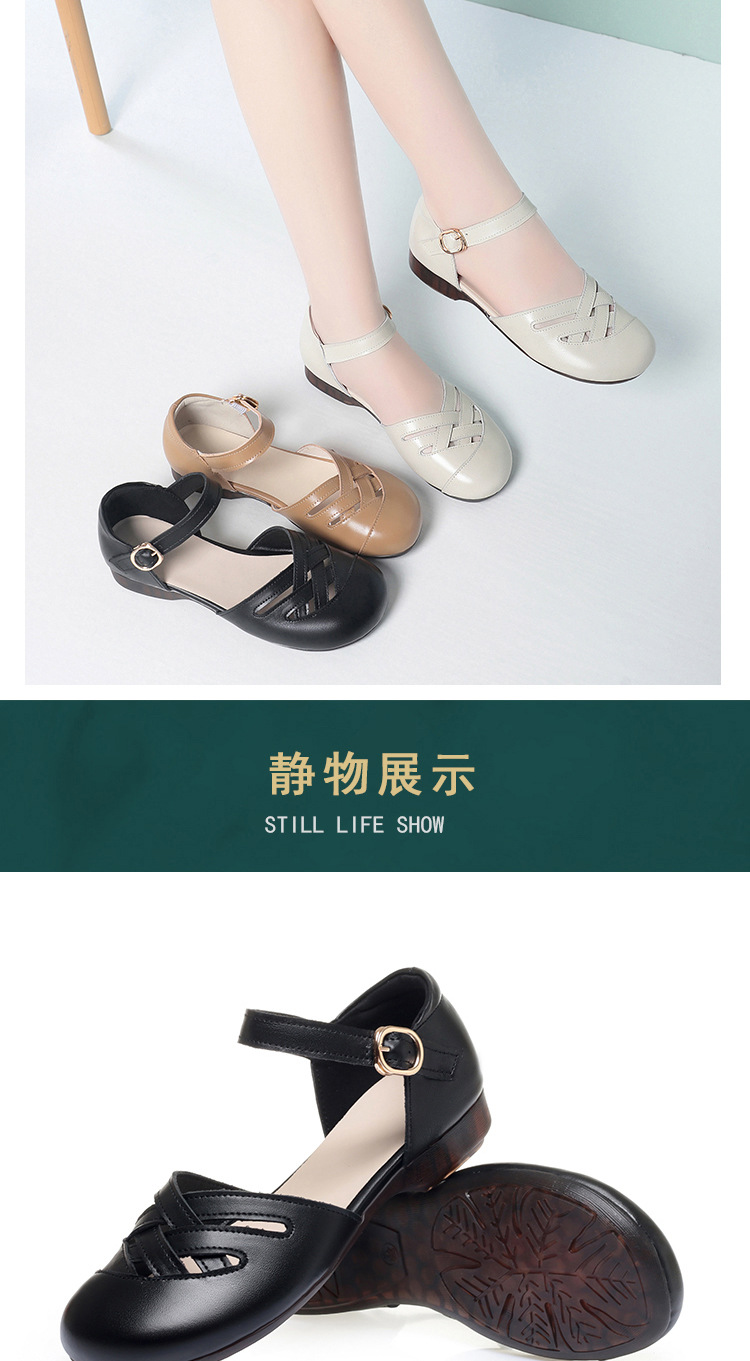 Sandal nữ da thật đế mềm, mũi kín, gót thấp, đế cao su bền bỉ — màu đen chi tiết 16