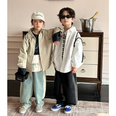 2024秋季新品韓版兒童襯衫男女童笑臉刺繡翻領襯衫外套長袖春裝