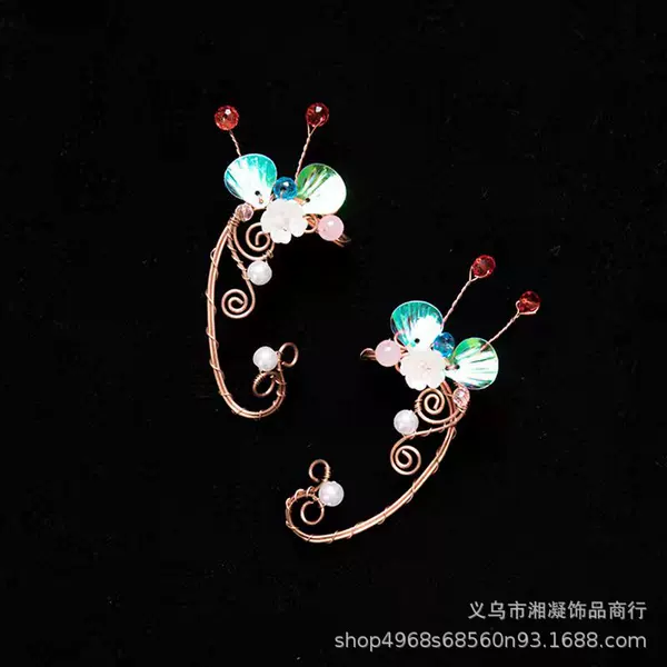 Original handmade butterfly ear cuffs with pearls and crystals, ancient style accessories for Hanfu photography, decorative earrings