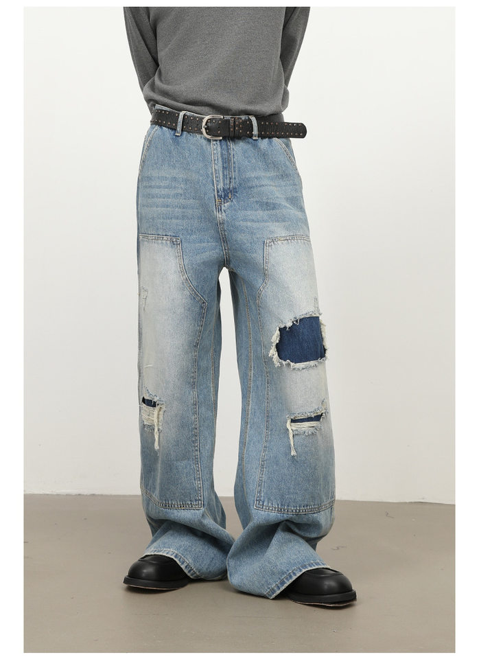 Quần jeans nam dáng rộng ống đứng phong cách Mỹ, wash xước rách phối vải — màu xanh chi tiết 11