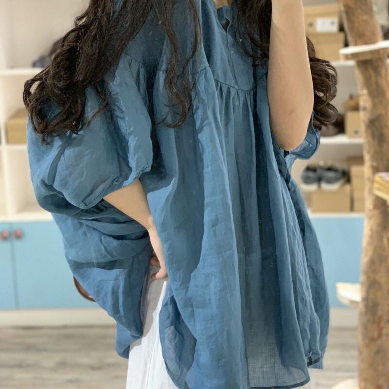 Extremely Large Size Shirt Summer Women's Artistic Solid Color Distinctive Loose Bat Sleeve Lightweight Hemp Shirt Women's Sunscreen Shirt