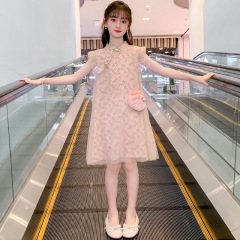 女の子のチャイナドレスのワンピース2025の新しい夏の子供の洋風の国風の王女のスカートの女の子の漢服の夏のスカート