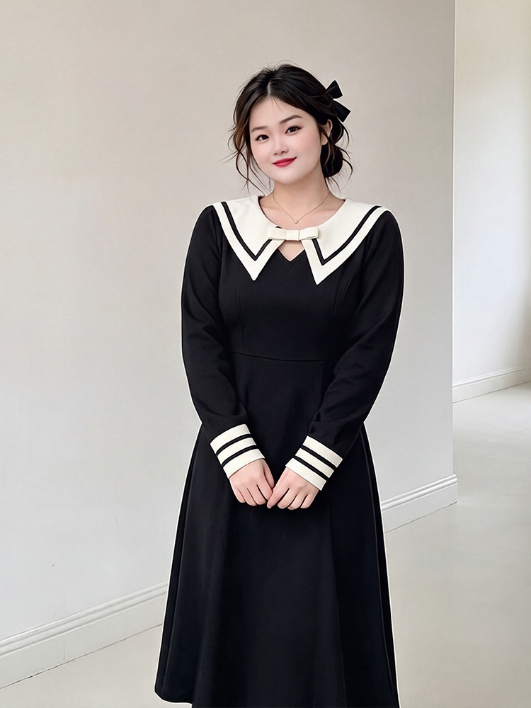 65-160kg Plus-Size Women's College-Style Dress for Spring and Autumn, Stylish Navy Collar Midi Dress with Added Fleece for Slightly Plump Figures 65-160kg Plus-Size Women's College-Style Dress for Spring and Autumn, Stylish Navy Collar Midi Dress with Added Fleece for Slightly Plump Figures