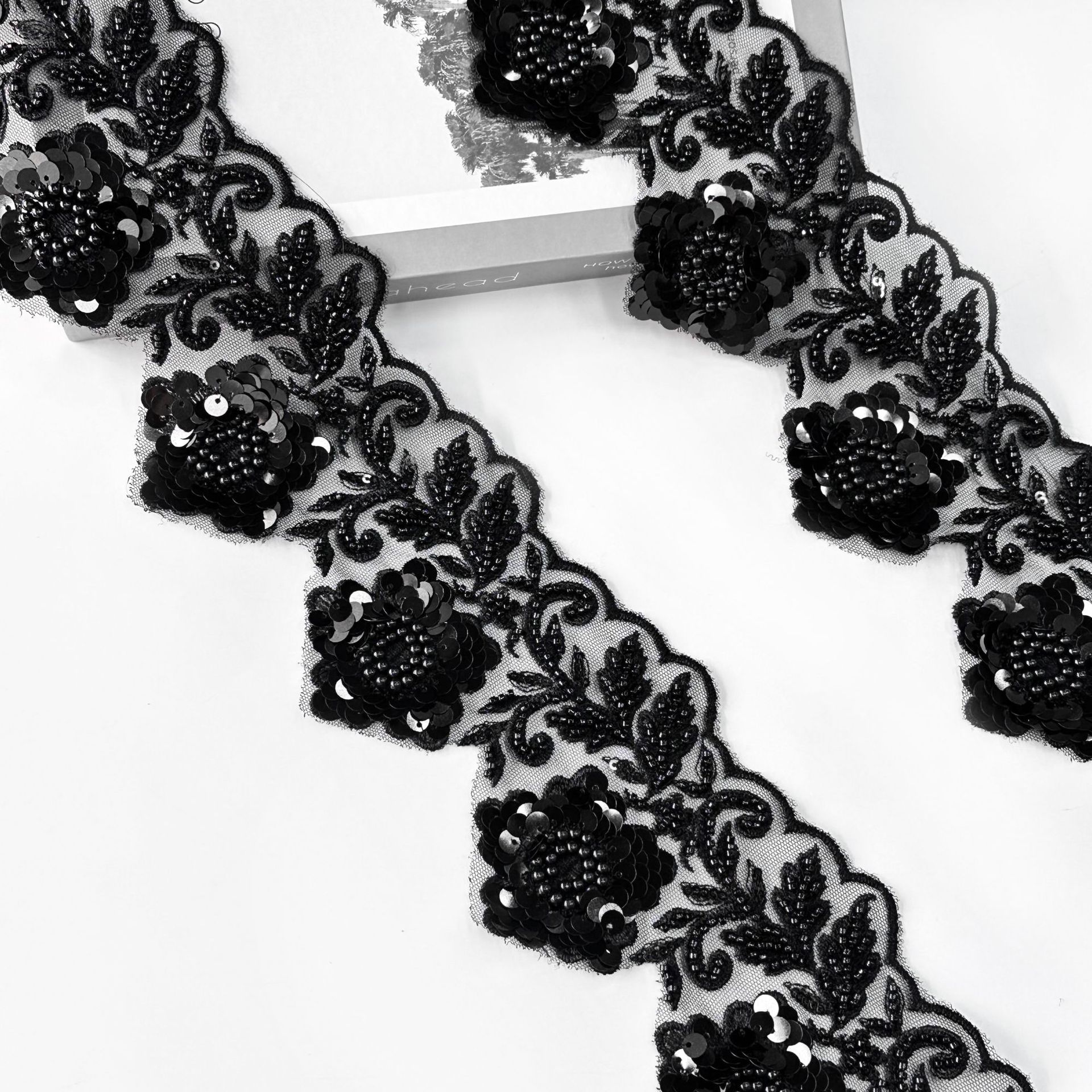Hilo de malla negro de 10 cm de ancho, cuentas de clavos, lentejuelas, accesorios de ropa de encaje bordado, tocado cheongsam, accesorios para el cabello, accesorios para el cabello image 3