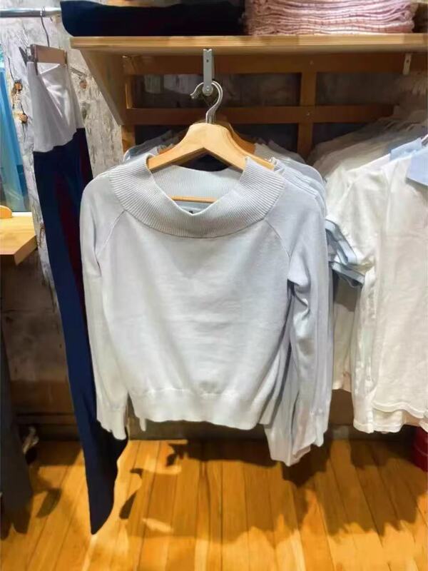 Bm Style Autumn New Light Blue Off-Shoulder Knit Sweater Women's Solid Color Versatile Sweater Top Bm Style Autumn New Light Blue Off-Shoulder Knit Sweater Women's Solid Color Versatile Sweater Top