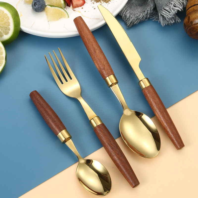 Vintage Western-Besteckset mit Griffen aus Sapele-Holz, 4-teilig, aus Edelstahl: Steakmesser, Gabel, Löffel_voghion.com