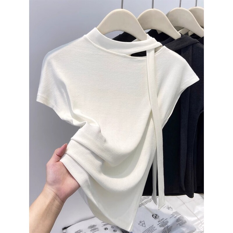 Designed Cut Out Round Neck Ribbon Short-Sleeved T-Shirt for Women in Summer Slimming Look Fashionable Top White Bottoming Shirt