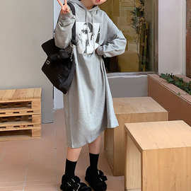 信屿 韩版新款宽松秋冬季加绒加厚连帽卫衣女宽松开叉长裙连衣裙