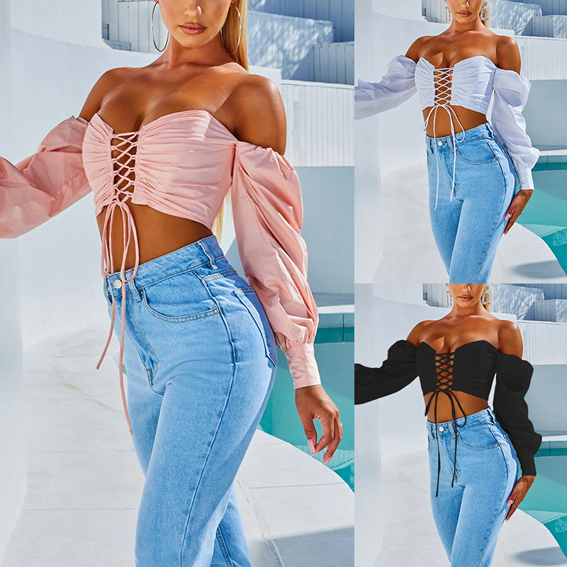 LN144 spot 2022 autumn and winter European and American women's clothing explosions solid color off-shoulder Women's strapless lace-up umbilical slim T-shirt