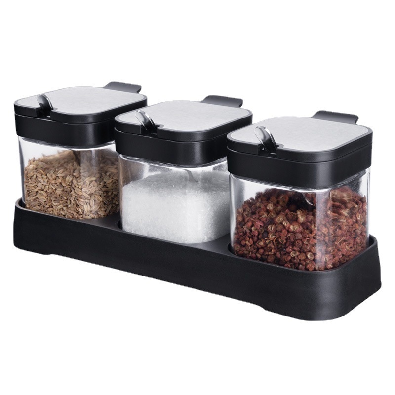 Fábrica directa de condimentos de vidrio resistente al calor, caja de condimentos con cucharas, botella de condimentos, condimentos