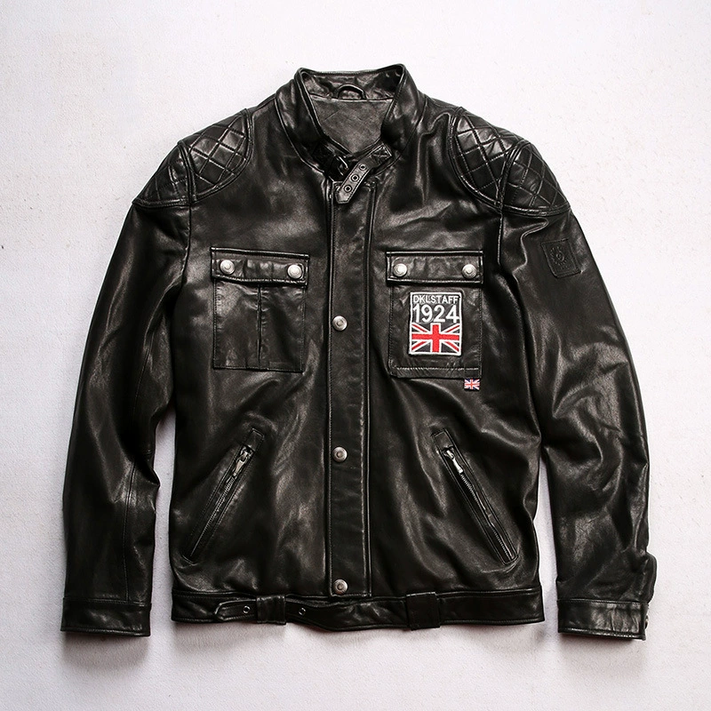 Кожаная куртка мужская на пуговицах с воротником-стойкой, стиль Harley, овощной дубёж, хлопковая подкладка, овчина