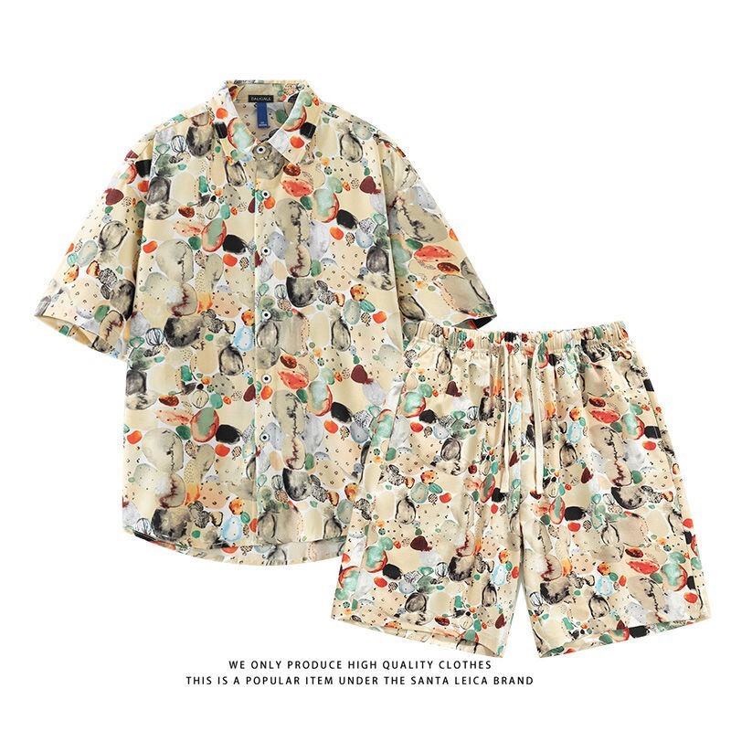 Ice Silk Half-Sleeved Shirt Suit Men's Large Size Summer Vacation Casual Short-Sleeved Shorts Set Seaside Beach Flower Shirt