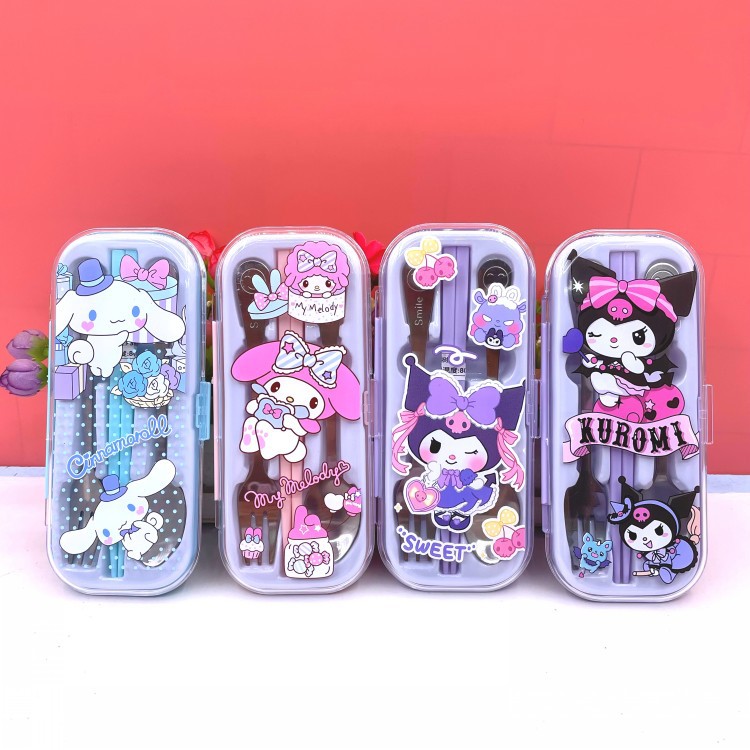 Cute portátil Kulomi Yue Gui perros niños estudiantes palillos de acero inoxidable tenedor palillos set cubiertos set box