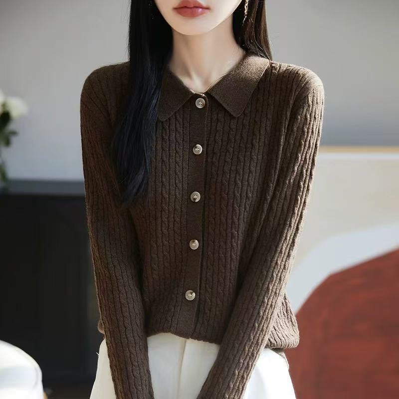 Primavera y otoño Polo cuello de punto de cashmere de color sólido Cardigan de mujer estilo coreano suéter de estilo universal abrigo suelto de torsión con manga larga