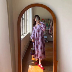 丹麦小众S家25早秋新品时尚甜美紫色条纹印花宽松腰带长款连衣裙