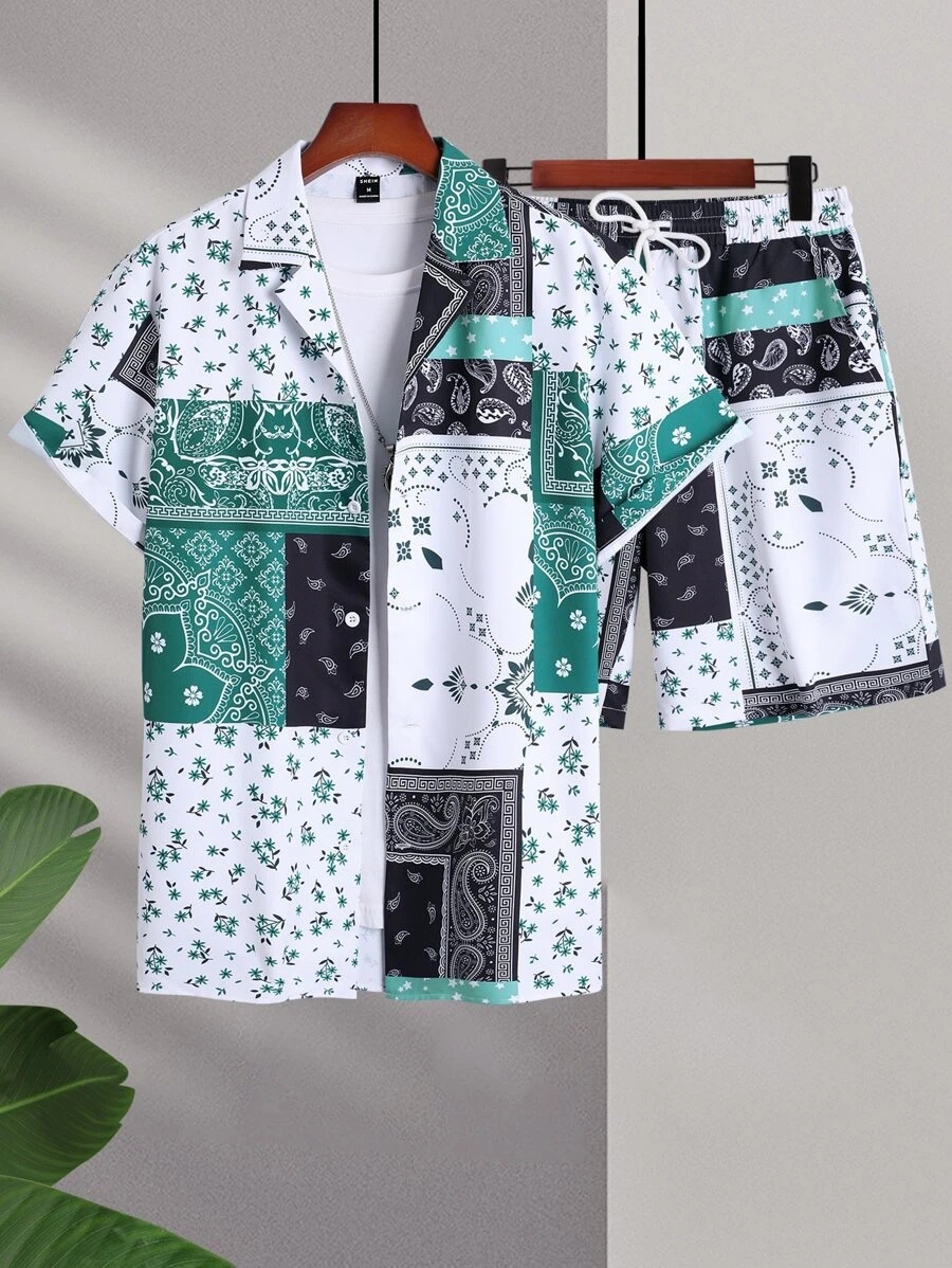 Color de contraste retro tótem impresión 3D comercio exterior Xiyin venta caliente verano hawaiano vacaciones camisa pantalones cortos traje de 2 piezas