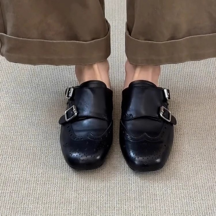 La marea no es sur ~ Zapatos con cabeza de bolso negro de cuero cruzado de un pie para mujer retro todo fósforo cabeza cuadrada media pantufla Brock