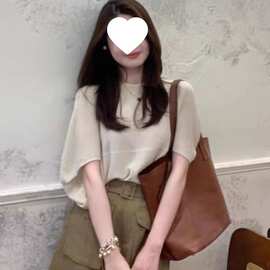 老钱风穿搭法式圆领蝙蝠袖冰丝针织恤女夏季设计感小众宽松上衣