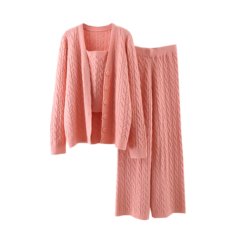 Women's Clothing Twisted Suit, Loose Lazy Style Knitted Cardigan Jacket, Camisole Vest, Wide Leg Pants Three Piece Suit_voghion.com