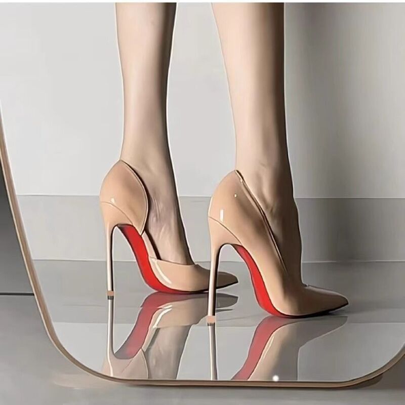 Dark Nude Red-Soled High-Heeled Shoes for Women, Stiletto Heels, Sexy Side Hollow Patent Leather Black Professional Pointed-Toe Shoes, Feminine Shallow Mouth