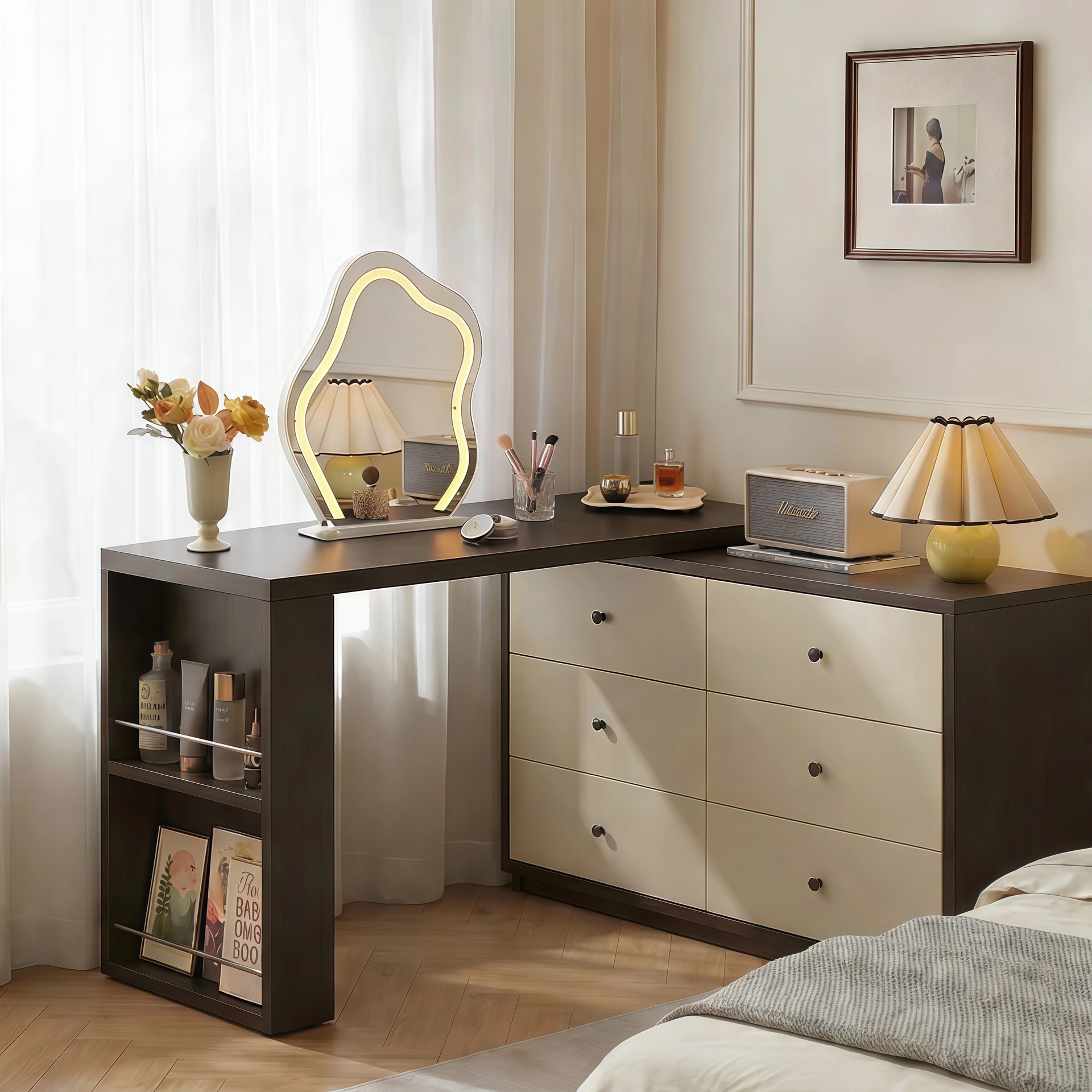 Retro estilo francés cabecera de cama梳妆台 escritorio 2 en 1 pequeño dormitorio retráctil mesa de maquillaje de gran capacidad de almacenamiento