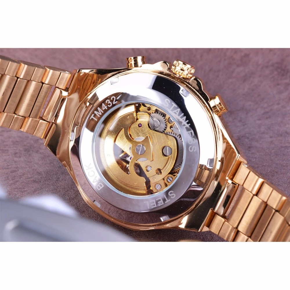 Winner Hollow Reloj mecánico automático para hombre con correa de acero inoxidable dorado_voghion.com