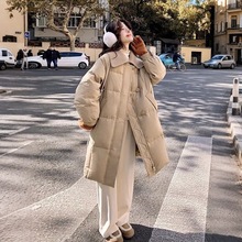 毛线翻领羽绒服女装韩版时尚百搭宽松加厚保暖中长款白鸭绒外套潮