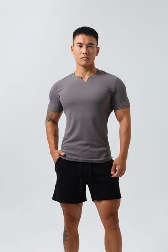Men's V-neck short-sleeved sports quick-drying solid color outdoor fitness running slim fit