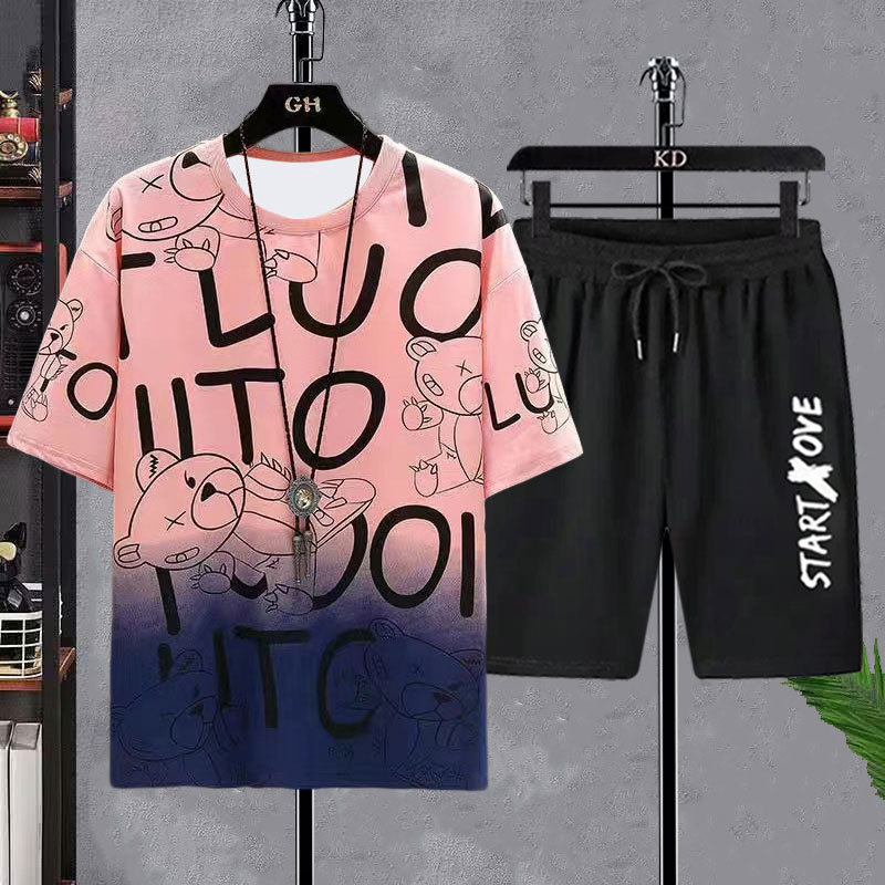 Nuevo traje de degradado de seda de hielo de secado rápido, camiseta de manga corta para hombre, pantalones cortos casuales de verano, traje deportivo de dos piezas al por mayor de fábrica