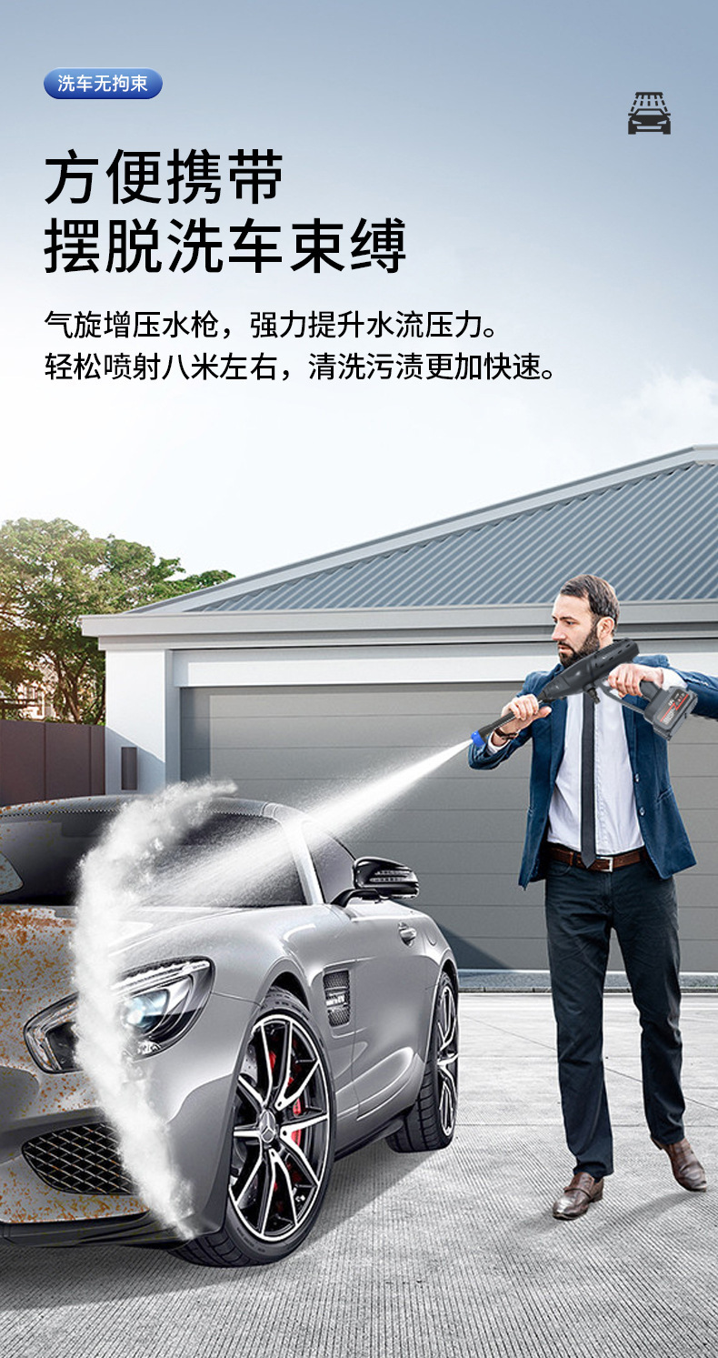 Car Wash High-Pressure Water Gun with Hose, Portable Wireless Lithium Battery Car Cleaning Machine for Home and Commercial Use