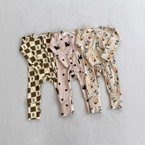 Cross-border baby printed bamboo fiber long-sleeved jumpsuit climbing suit zipper baby pajamas spring and summer home clothes bag fart clothes