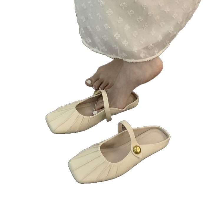 Media pantuflas Baotou de fondo plano para mujer con zapatos Mary Jane 2025 nuevas sandalias y pantuflas perezosas de primavera y verano de todo fósforo Muller
