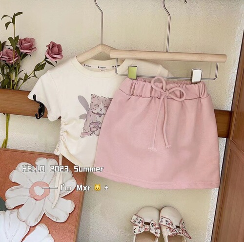 Sweet and Cool Cat Style Cat T-shirt Set Design-Savvy Minority Drawstring Two-Piece Summer Outfit for Girls